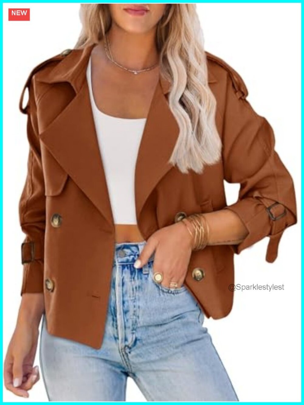 Women's Crop Double Breasted Trench Coat Short Windproof Button-Down Jacket